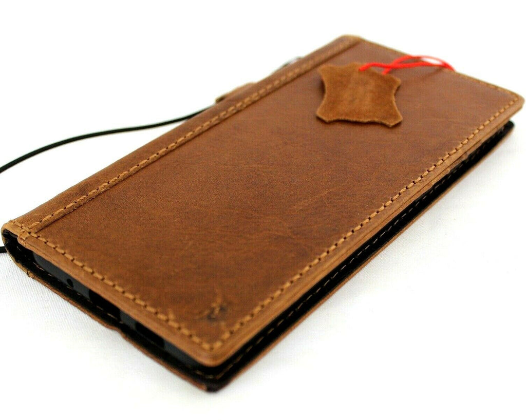 Genuine leather Samsung Galaxy S20 Plus wallet case by DAVISCASE with card slots, wireless charging holder, tan color, and rubber ID window.