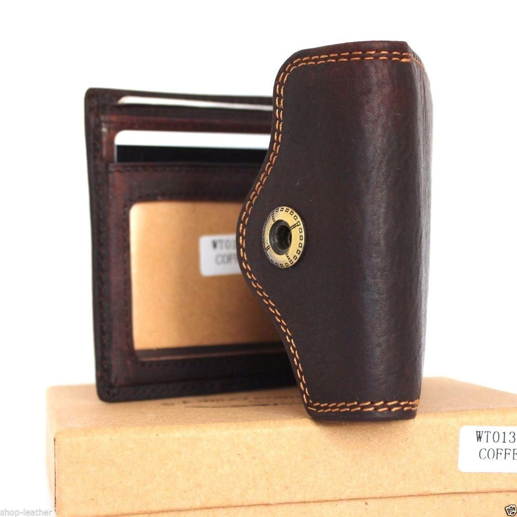 Brown DAVISCASE men's leather wallet with 4 card slots, ID window, and 2 bill sections, bi-fold style.
