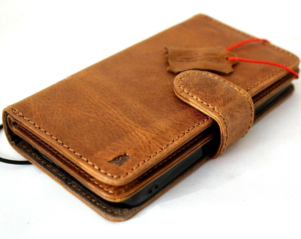Genuine soft leather iPhone 13 Pro Max case by DAVISCASE with vintage tan design, wallet style with credit card slots and magnetic cover.