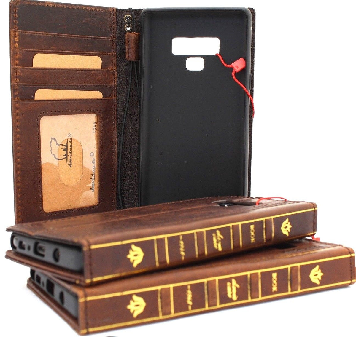 Dark vintage leather wallet case for Samsung Galaxy Note 9 by DAVISCASE with card slots, slim design, and wireless charging compatibility.