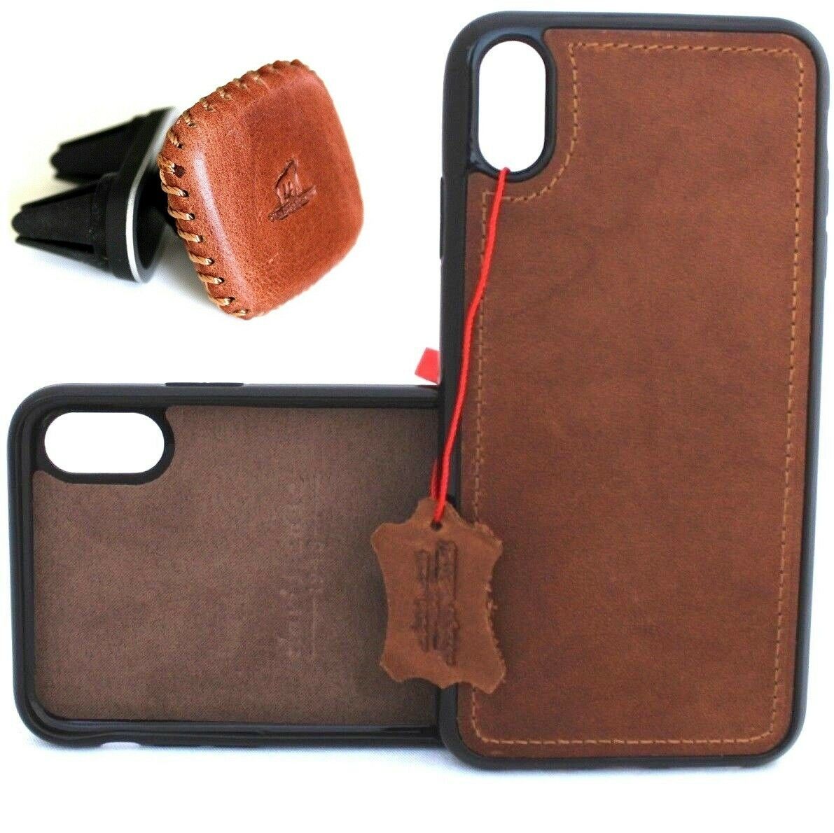 Handmade genuine leather iPhone X case with magnetic car holder, featuring rubber accents and crafted details.