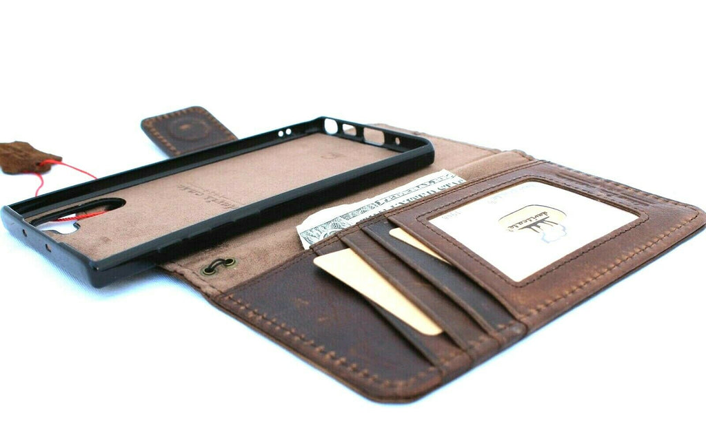 Handmade genuine leather wallet case for Samsung Galaxy Note 10 with slim stand, window card slot, and removable design.