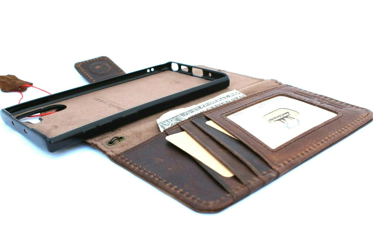 Handmade genuine leather wallet case for Samsung Galaxy Note 10 with slim stand, window card slot, and removable design.