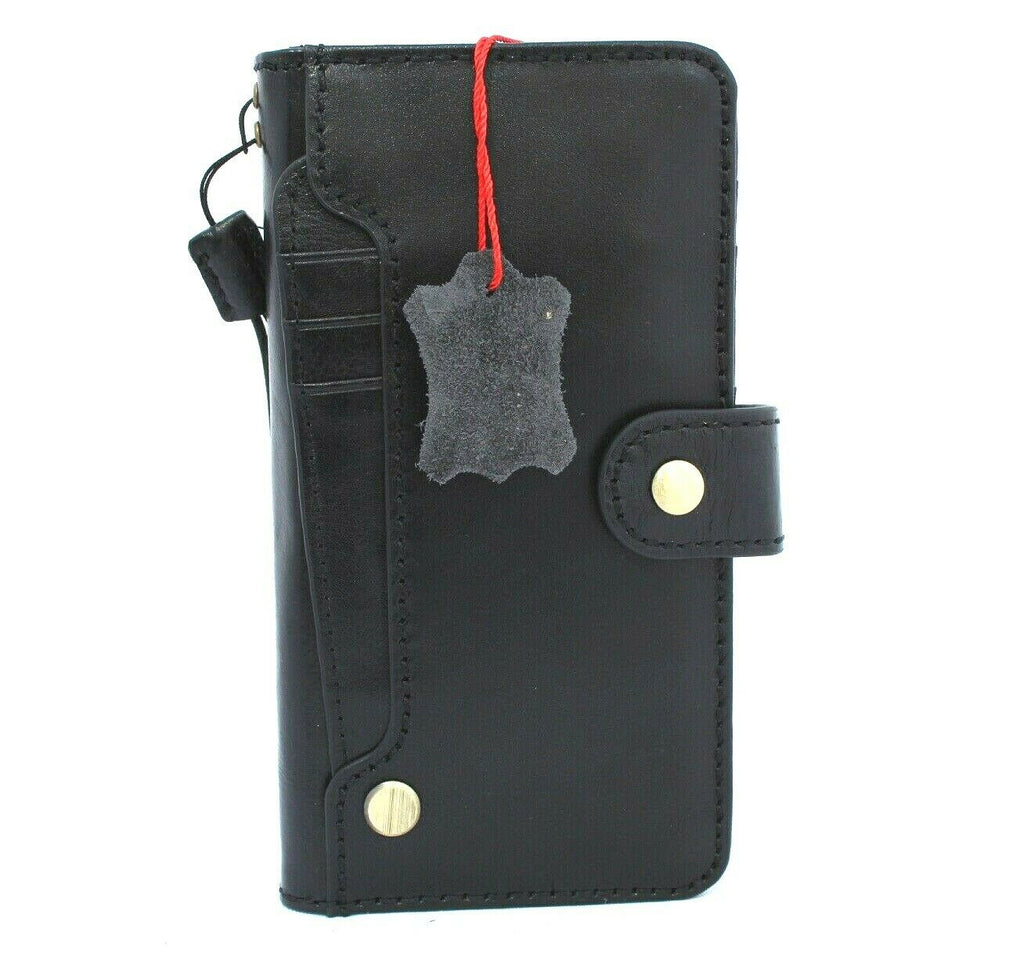 Genuine Italian leather Samsung Galaxy S21 wallet case by DavisCase, handmade black leather cover with rubber holder for wireless charging.