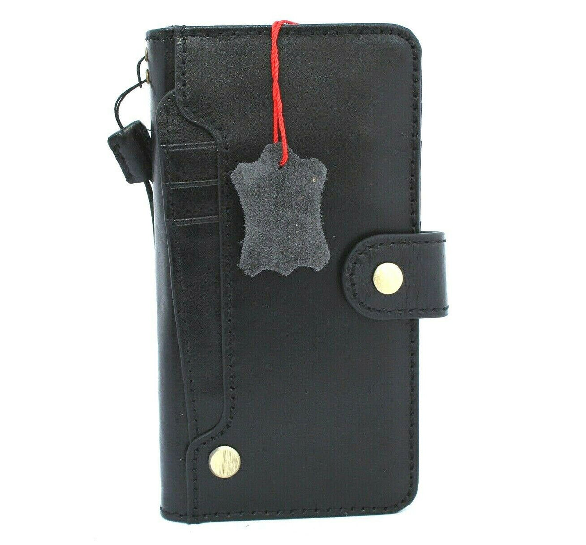 Genuine Italian leather Samsung Galaxy S21 wallet case by DavisCase, handmade black leather cover with rubber holder for wireless charging.