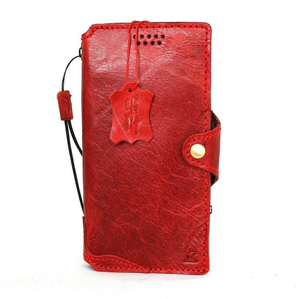 Genuine vintage red leather Galaxy S21 Plus 5G soft wallet case with card slots by DAVISCASE, showing front and interior details.