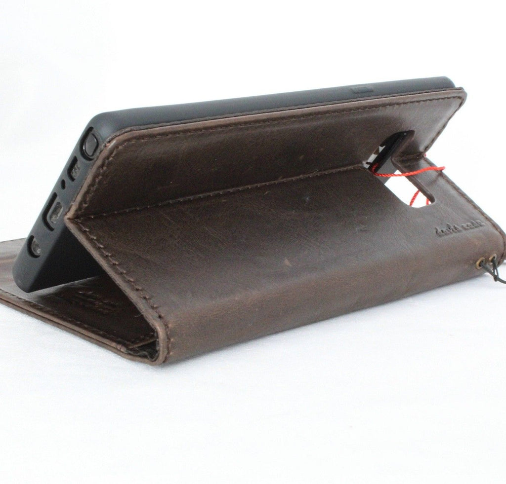 Vintage genuine leather Samsung Galaxy Note 8 wallet case with magnetic closure, card slots, dark color, handmade phone cover.