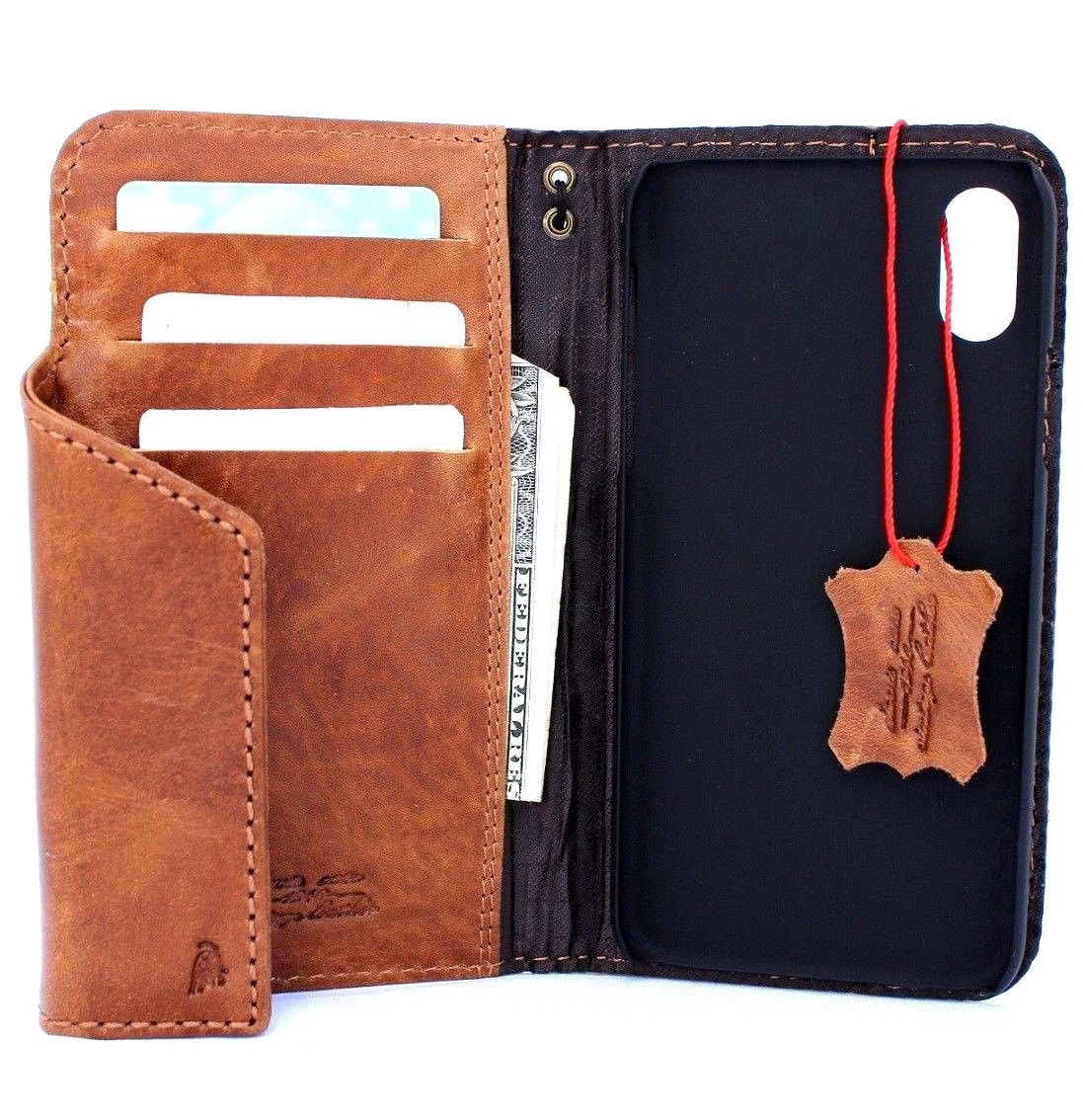 Bright brown genuine leather iPhone X book wallet case with card slots, magnet closure, slim vintage design by Daviscase.