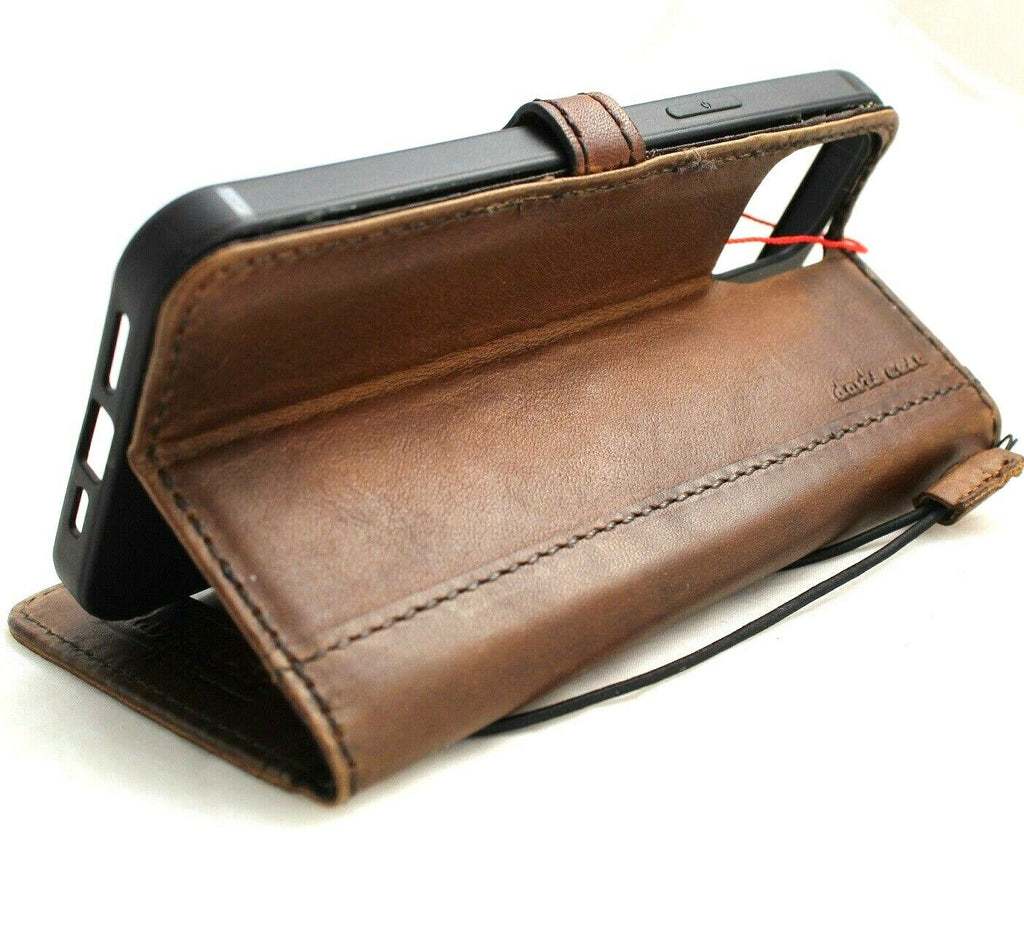 Handmade genuine leather phone case for Apple iPhone 15 to 8 Plus with vintage wallet design, credit card slots, and magnetic closure.