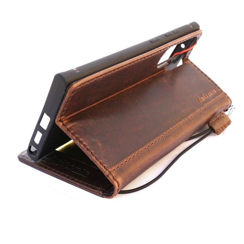 Handmade genuine leather phone case for Samsung Galaxy S22, S21, Note 20, A53, and more, with wallet and book-style design.