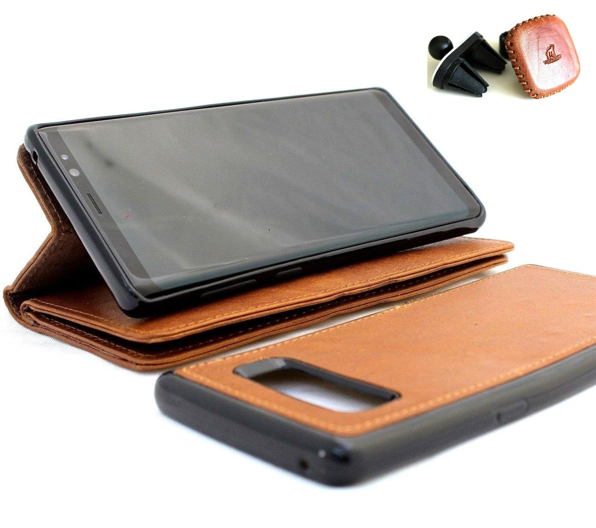 Genuine full tanned leather Galaxy Note 8 wallet case with card slots, ID window, magnetic closure, and car holder from DavisCase.