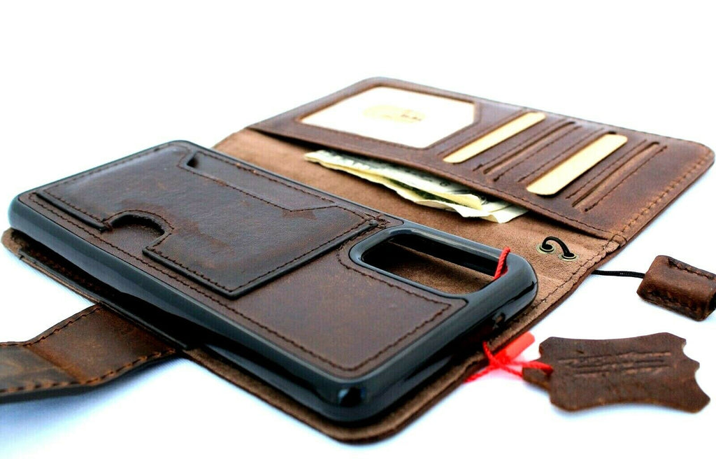 Genuine DavisCase full leather wallet case for Samsung Galaxy S20 with card slots, removable holder, and wireless charging compatibility.