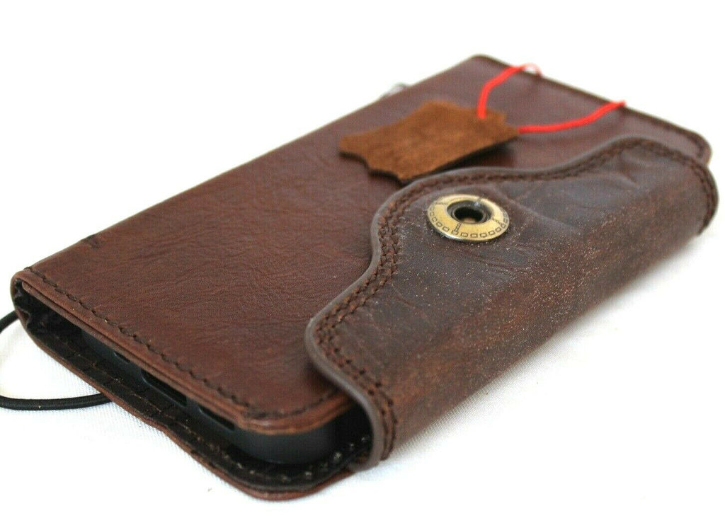 Genuine dark leather iPhone 12 Mini book wallet case by DAVISCASE with credit card slots and soft closure, vintage style.