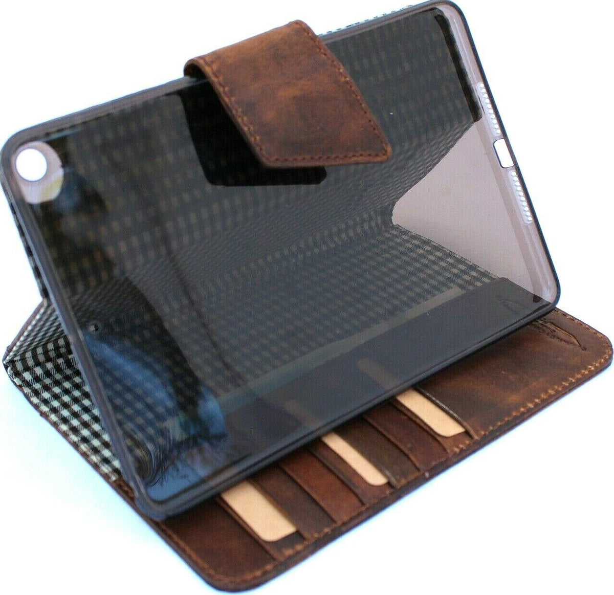 Genuine dark leather iPad Mini 5 case by DAVISCASE with card slots, vintage design, handmade, and rubber protection for 5th generation.