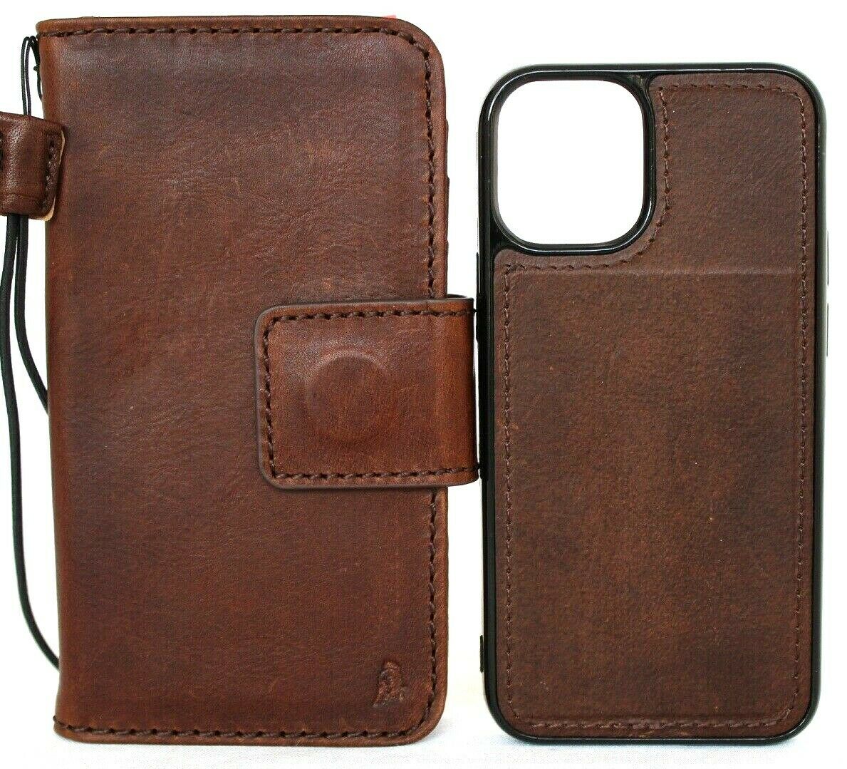 Genuine dark leather iPhone 12 Mini case by DAVISCASE with card slots, vintage design, soft closure, and removable cover.