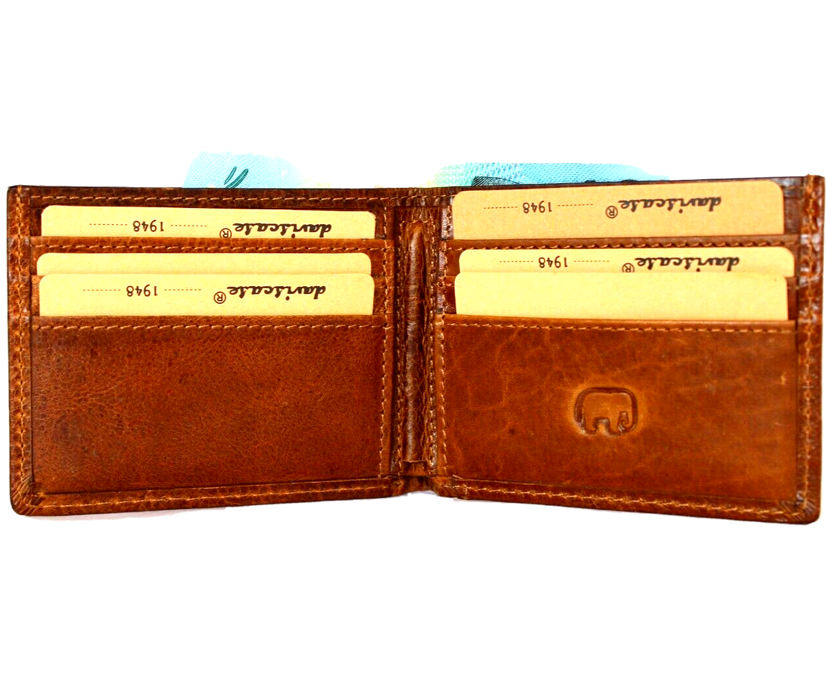 Men's genuine leather wallet by DAVISCASE with credit card slots, bill compartment, and Tree of Life design in tan leather.