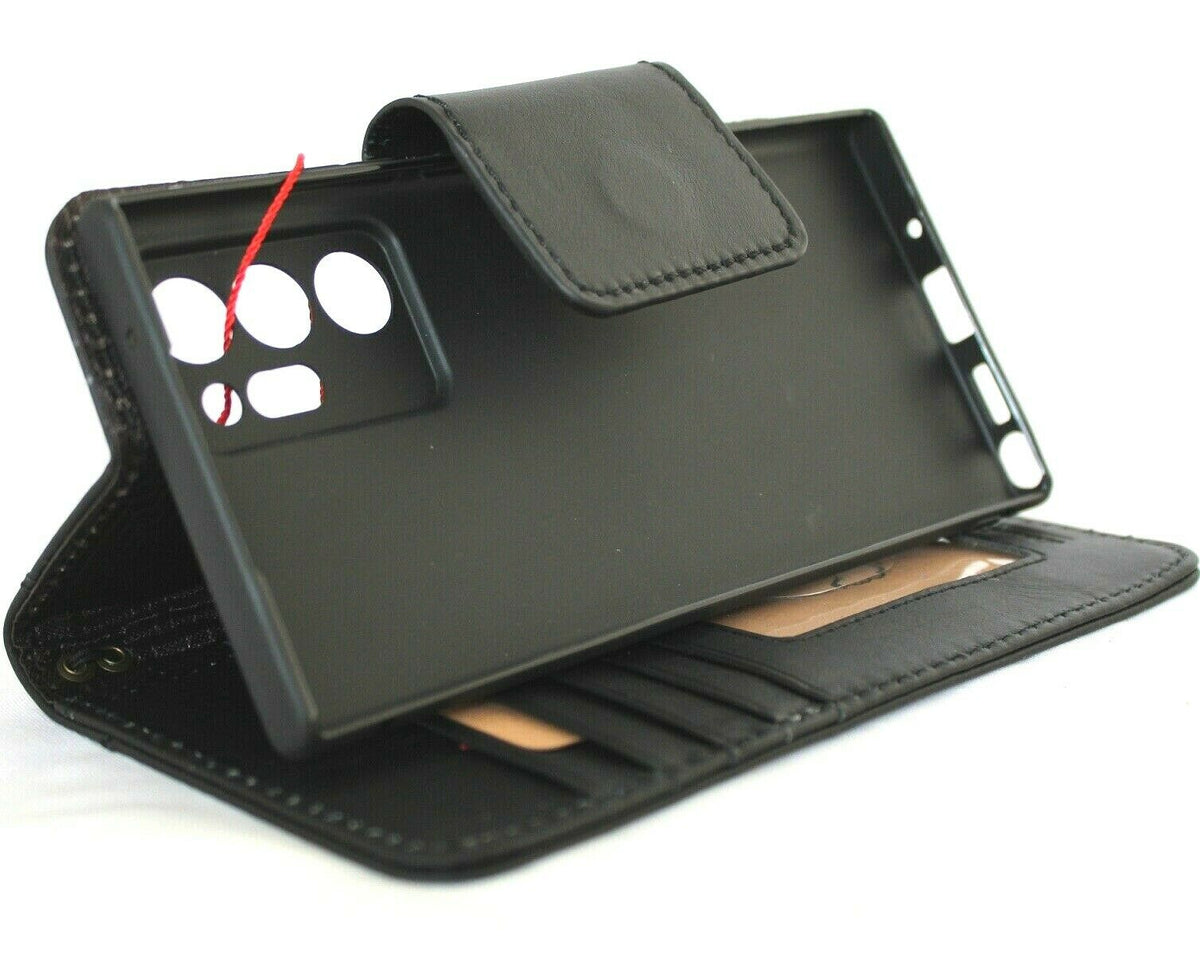 Black leather Samsung Galaxy Note 20 Ultra 5G wallet case with card slots, ID window, magnetic closure, soft slim DavisCase design.