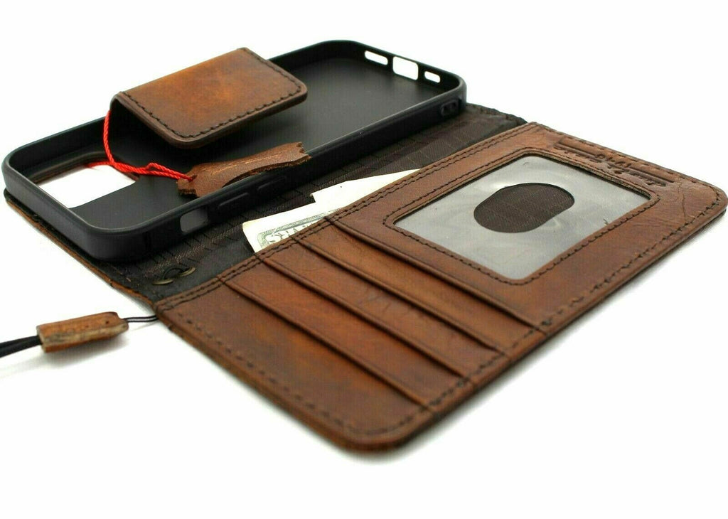 Dark vintage leather iPhone 12 case by DAVISCASE with wallet-style design, credit card slots, and magnetic closure.