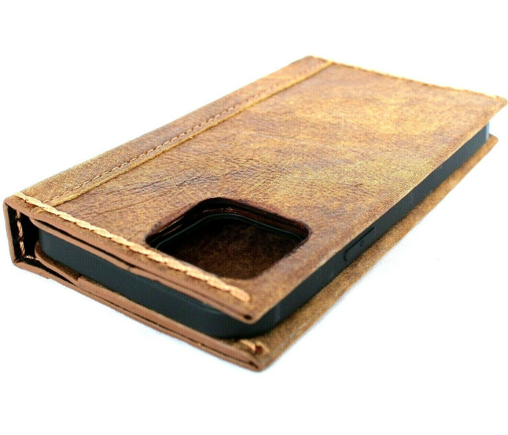 Vintage brown genuine soft leather wallet case for Apple iPhone 13 Pro Max by DAVISCASE with card slots and slim design.