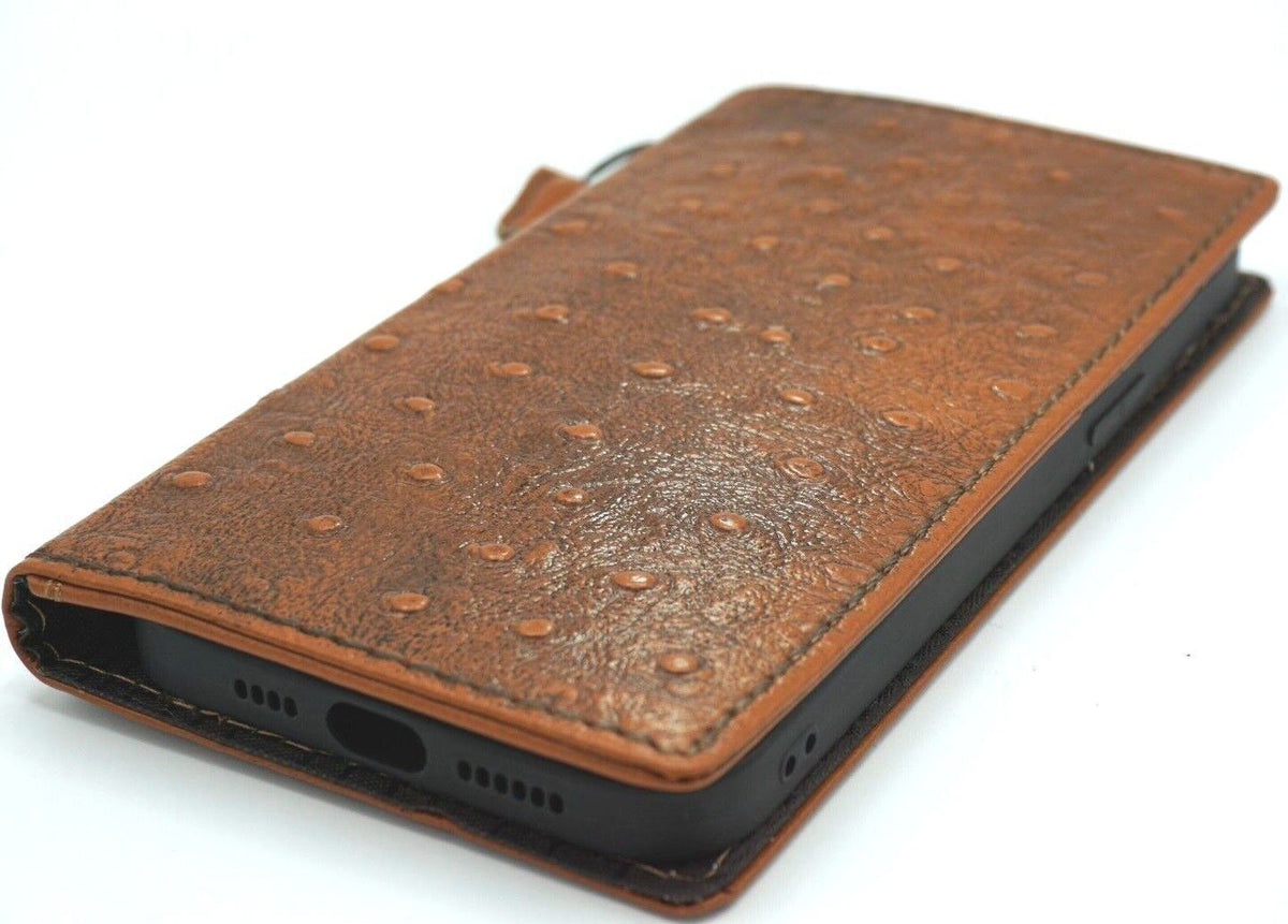 Genuine leather Google Pixel 7 Pro case by DAVISCASE with wallet, retro stand design, ostrich texture, wireless charging compatible