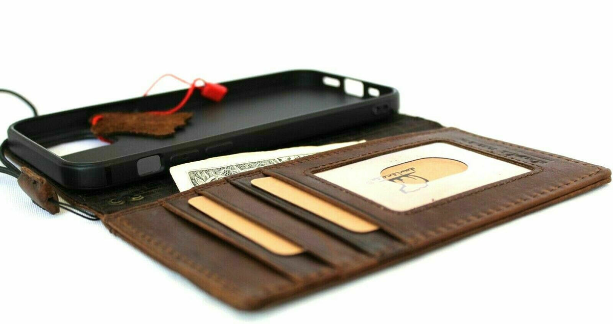Handmade genuine dark vintage leather iPhone 12 case with credit card slots, soft cover, top grain leather by DAVISCASE.