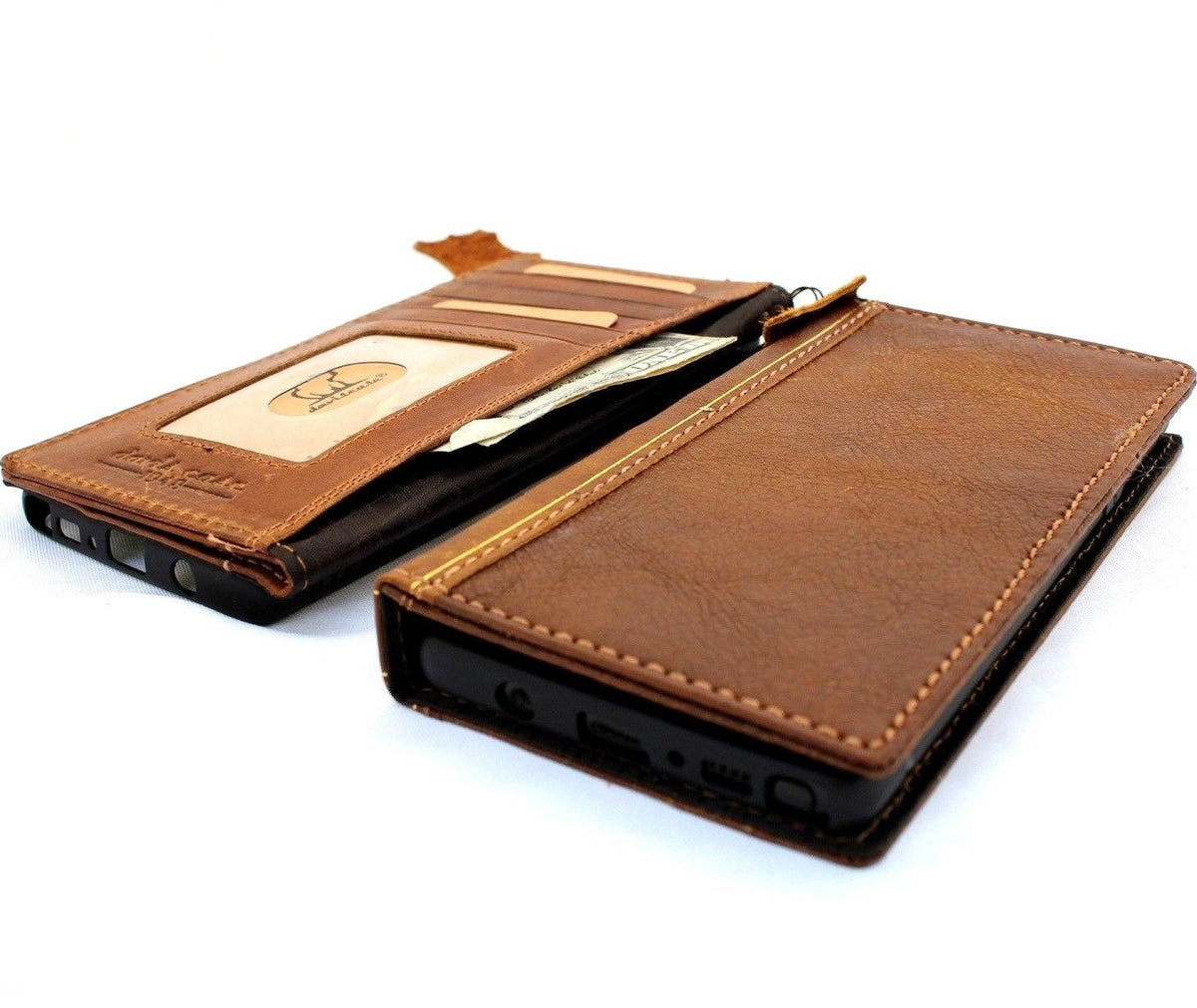Tan genuine leather wallet case for Samsung Galaxy Note 9 by DAVISCASE, featuring card slots, slim design, and wireless charging compatibility.
