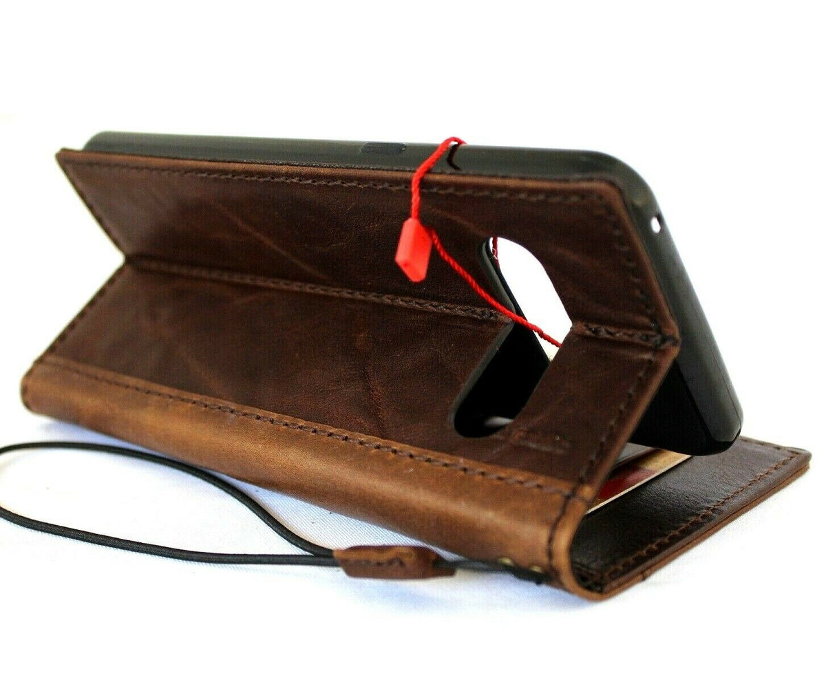 Handmade genuine dark brown leather LG V60 wallet case with card slots, vintage style by DAVISCASE, slim and soft.