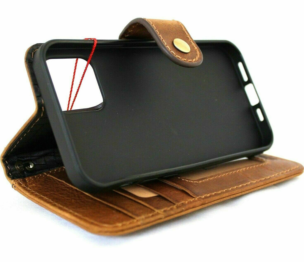 Genuine tan leather iPhone 12 Pro case by DAVISCASE with vintage design, ID window, credit card slots, soft cover, handmade leather.