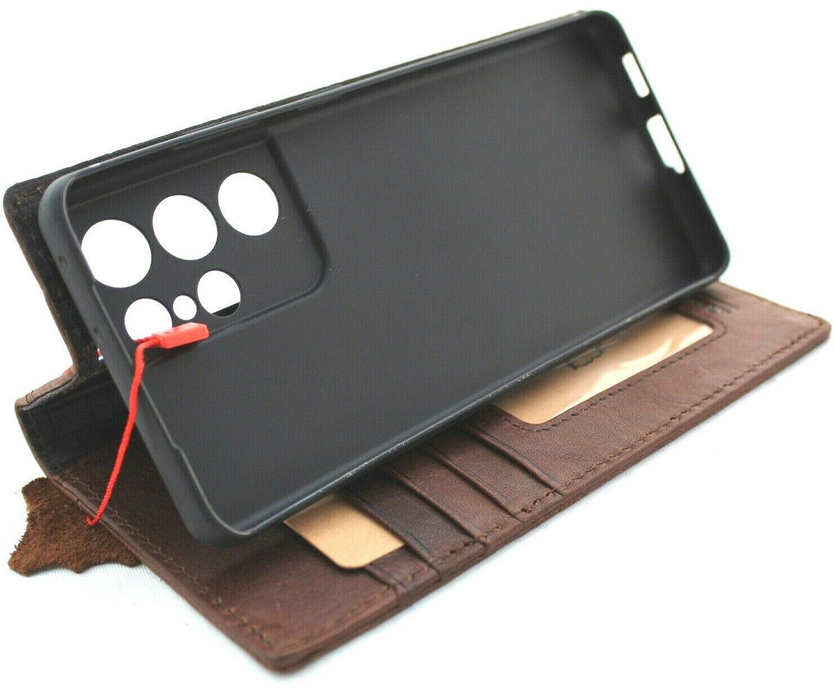 DavisCase genuine leather Galaxy S21 Ultra 5G wallet case with card slots, wireless charging compatible, art-inspired design.