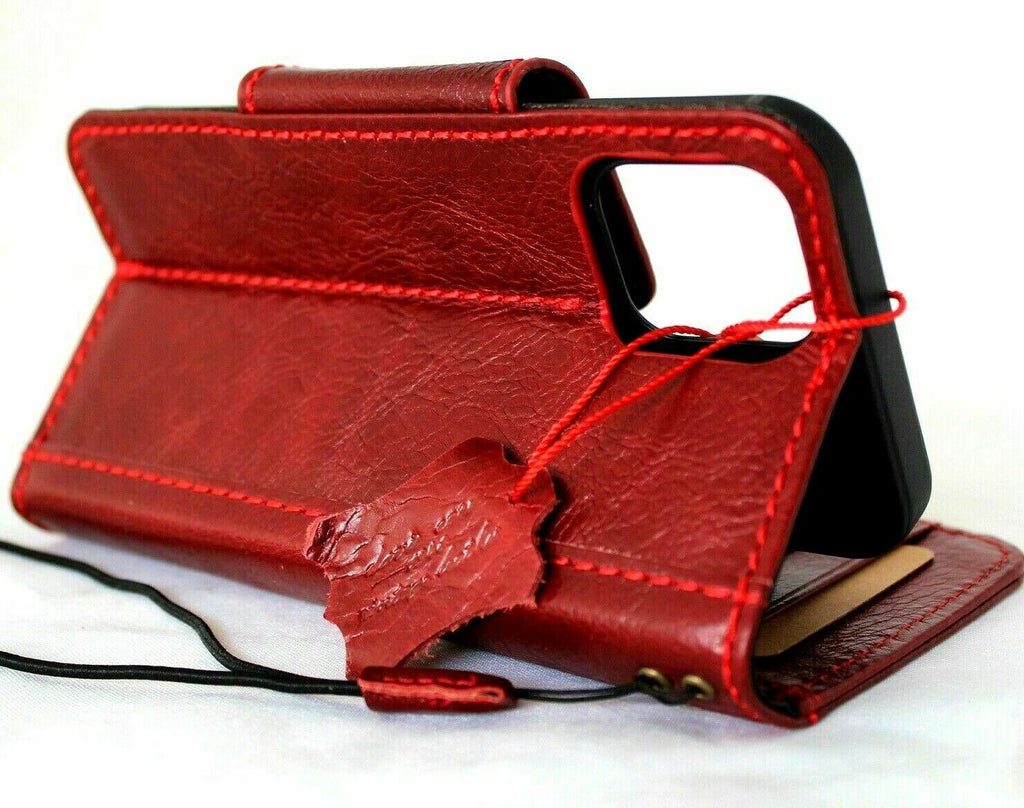 Red genuine soft leather iPhone 12 case with vintage book wallet style, credit card slots, magnetic closure, by DAVISCASE.