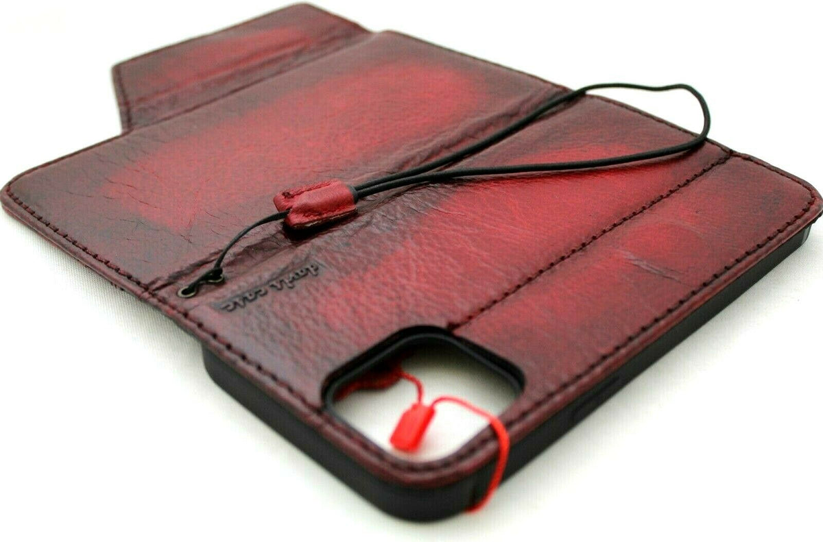 Wine red genuine leather wallet case for iPhone 12 Pro Max by DAVISCASE with credit card slots and soft cover.