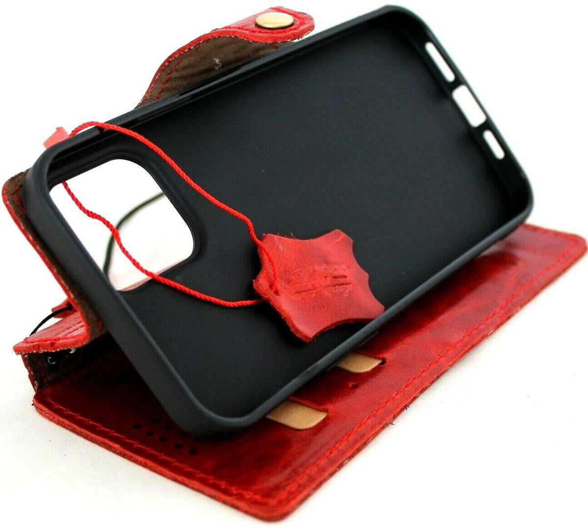 Red genuine leather phone case for Apple iPhone 11 Pro Max with wallet and credit card holder, slim handmade design by DAVISCASE.