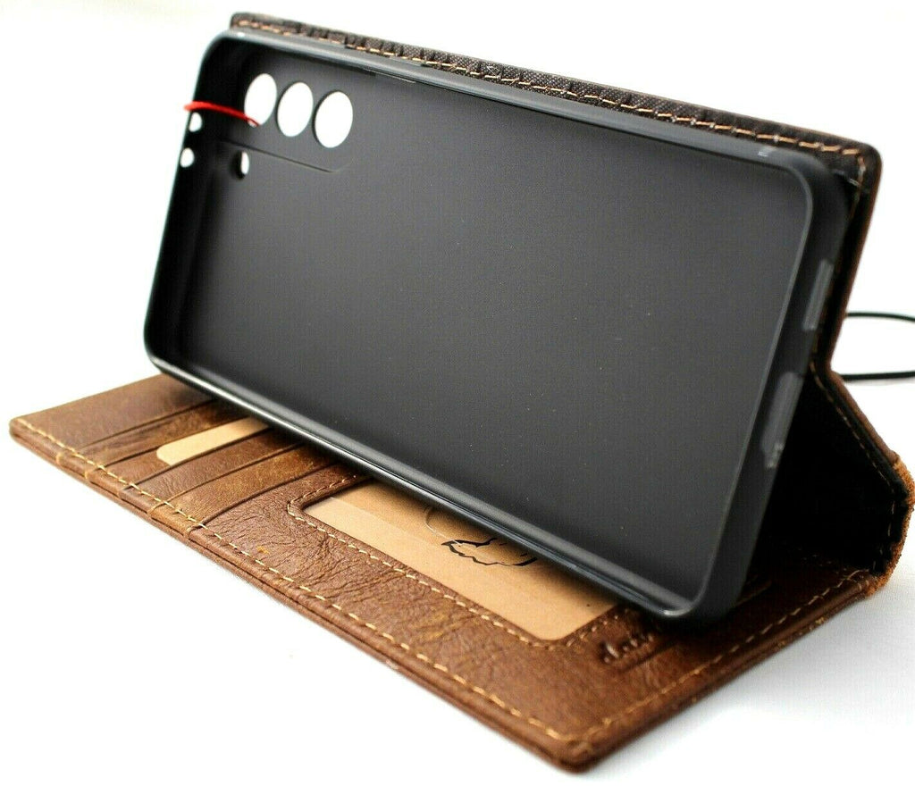 Genuine soft leather Samsung Galaxy S21 Plus 5G wallet case by DAVISCASE with card slots, ID window, tan suede style, and wireless charging holder
