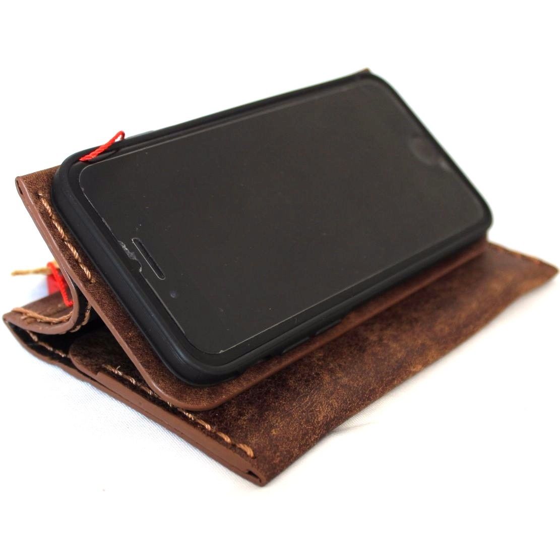 DavisCase genuine full leather handmade iPhone SE 2 2020 wallet case with vintage art design, card slots, soft interior, wireless charging compatible