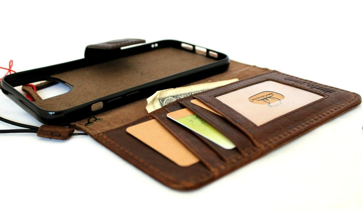 Handmade genuine leather phone case for iPhone 13-17 Pro Max with wallet and magnetic retro design by DAVISCASE.