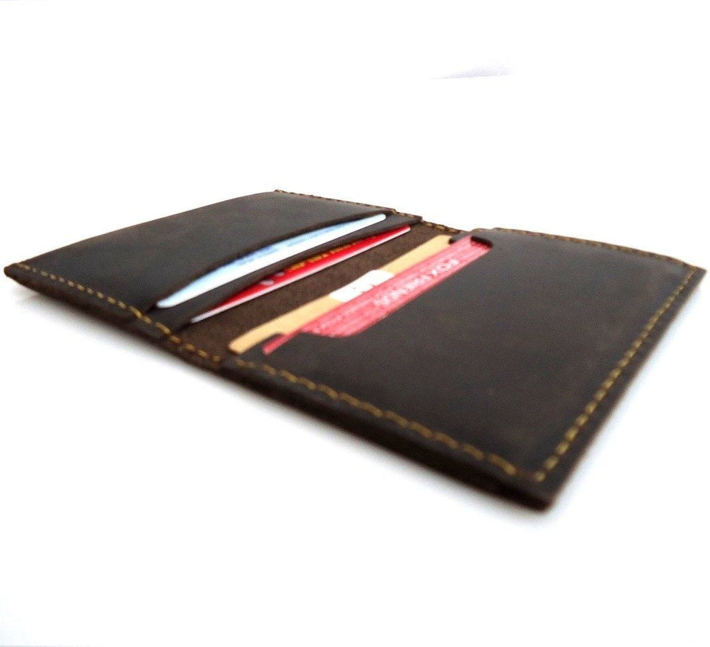Men's brown full leather bifold card case with 4 card slots and 2 slip pockets, slim mini wallet for back pocket use.