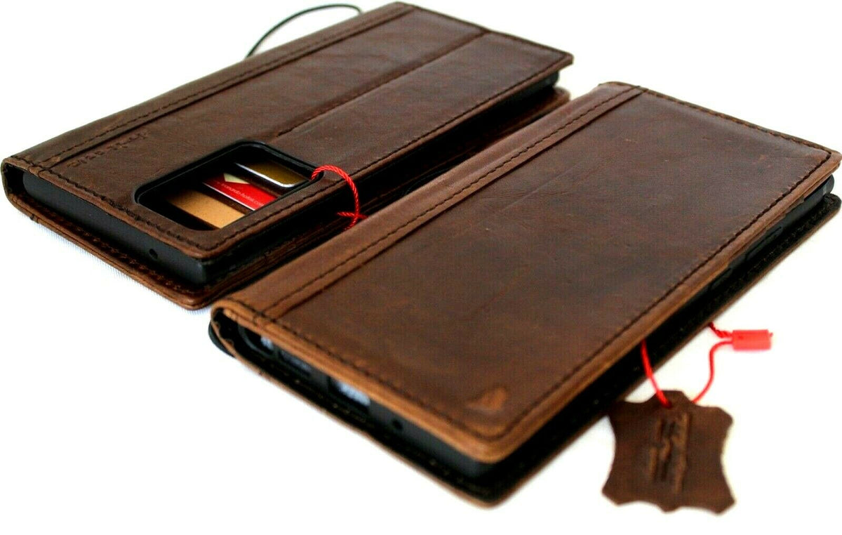 Genuine leather wallet case for Samsung Galaxy Note 20 Ultra 5G with ID window, card slots, rubber stand, and wireless charging compatibility.