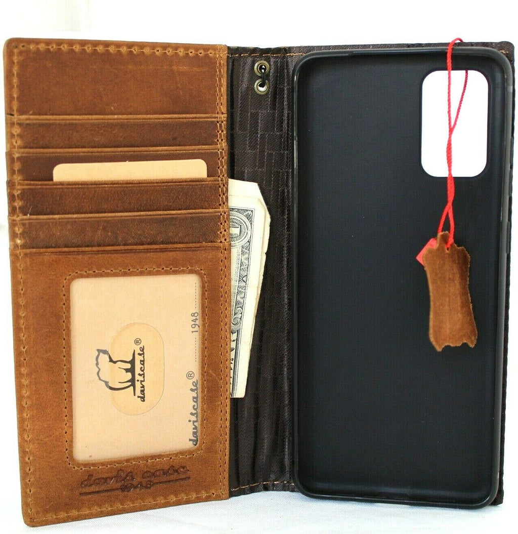 Genuine tan leather Samsung Galaxy S20 Plus wallet case with card slots, wireless charging holder, and ID holder by DAVISCASE.