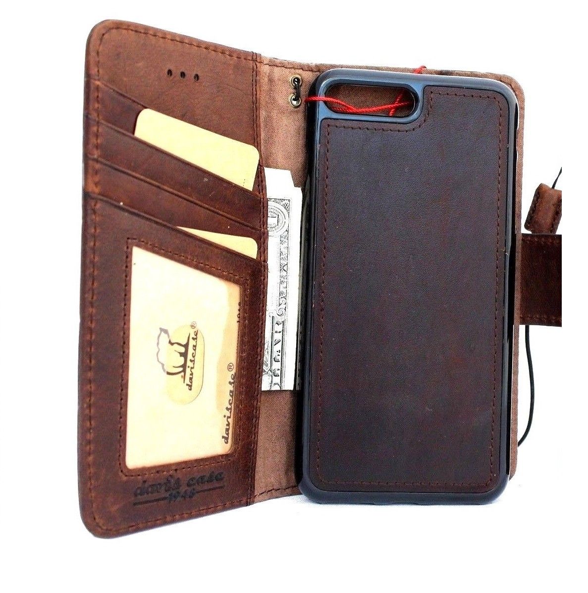 Genuine leather iPhone 8 book wallet case by DAVISCASE with card slots, slim, soft, retro design, and detachable holder.