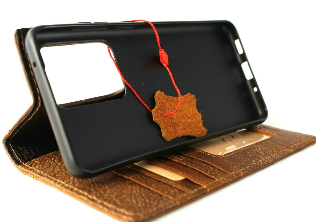 DavisCase genuine leather book wallet cover for Samsung Galaxy S20 Ultra 5G with card slots, wireless charging window, in tan leather.