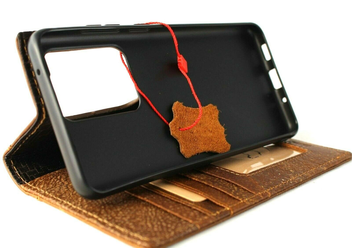 DavisCase genuine leather book wallet cover for Samsung Galaxy S20 Ultra 5G with card slots, wireless charging window, in tan leather.