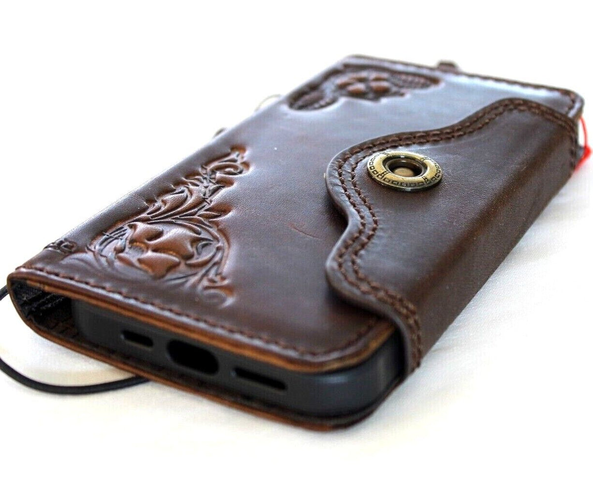 Handmade vintage genuine leather phone case for Apple iPhone 11-15 Pro Max, with stamping and decorative style by DAVISCASE.