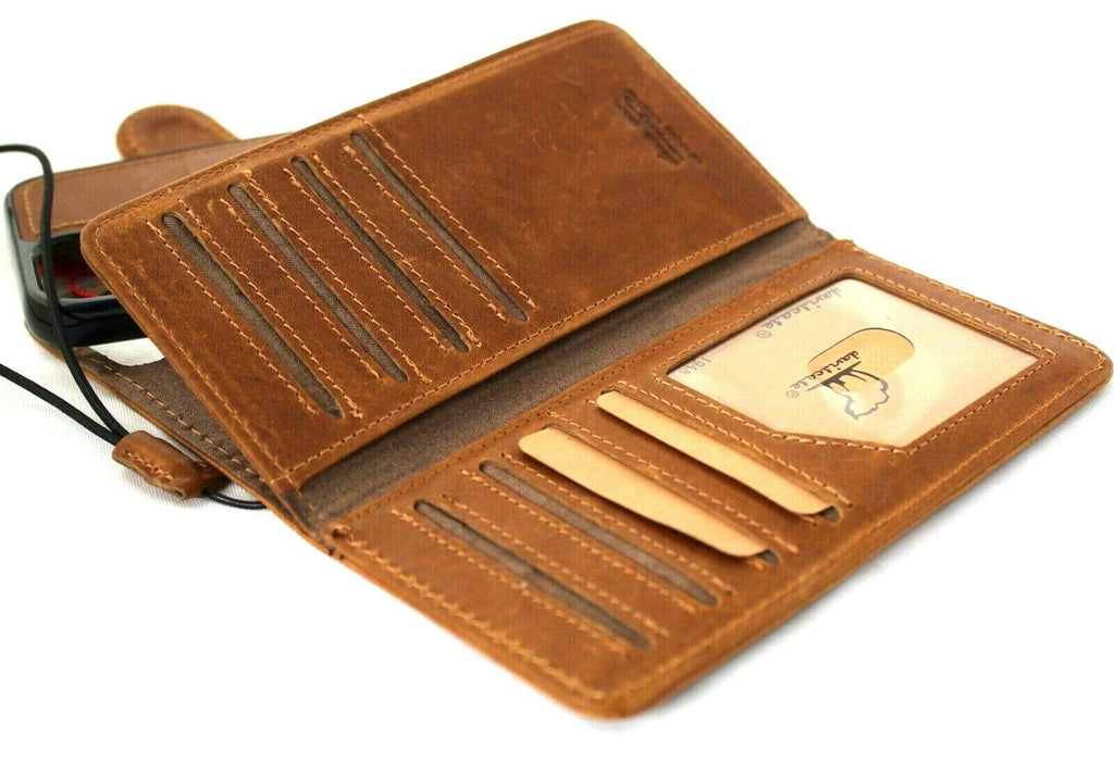 Handmade tan leather iPhone 12 case with built-in credit card slots, magnetic cover, vintage style, soft full grain leather by DAVISCASE.