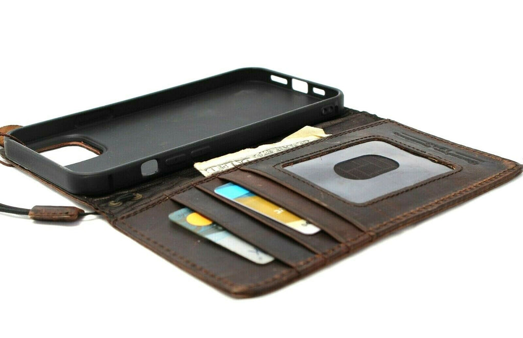 Handmade genuine dark leather iPhone 12 Pro Max book wallet case with ID window, credit card slots, soft slim design by DAVISCASE.