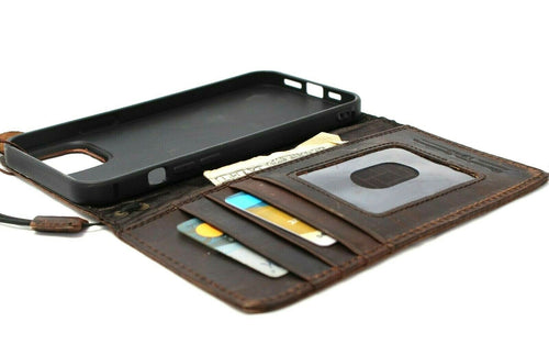 Handmade genuine dark leather iPhone 12 Pro Max book wallet case with ID window, credit card slots, soft slim design by DAVISCASE.