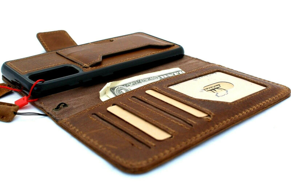 Genuine DavisCase full leather soft tan wallet case for Samsung Galaxy S20 with removable slots and rubber holder, wireless charging compatible