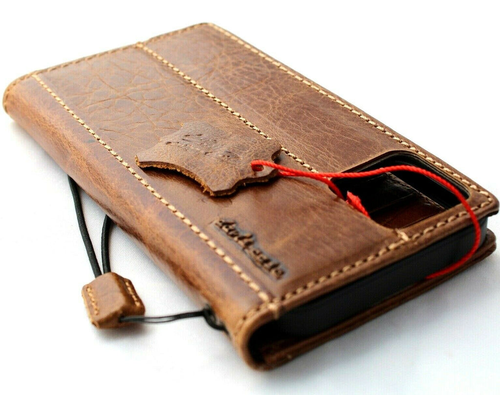 Handmade vintage tan leather wallet case for iPhone 13 to 17 Pro Max by DAVISCASE, featuring full grain leather and card slots.