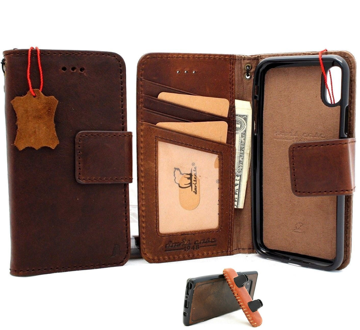 Genuine full leather iPhone XS case by DAVISCASE with wallet style design, credit card slots, magnetic stand, and detachable car holder.