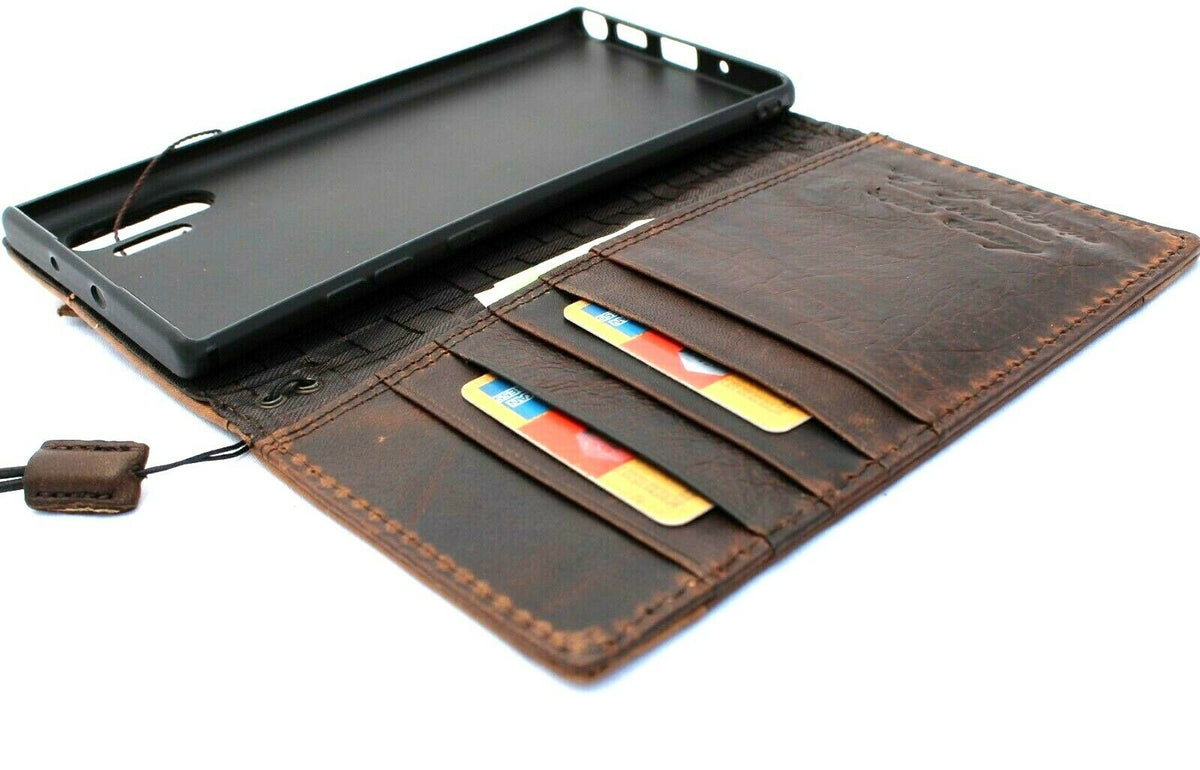 Daviscase genuine leather wallet case for Samsung Galaxy Note 10 Plus with card slots, ID window, and rubber stand feature.