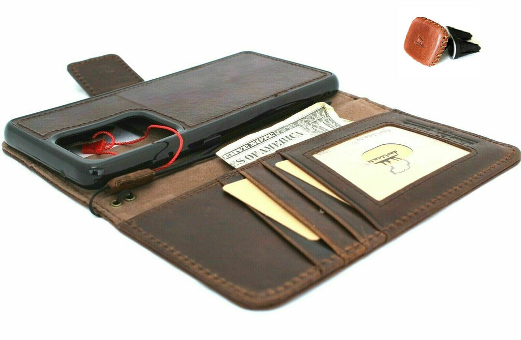 Genuine dark leather Samsung Galaxy Note 20 Ultra case with card slots, magnetic closure, detachable wallet, and magnetic car holder.